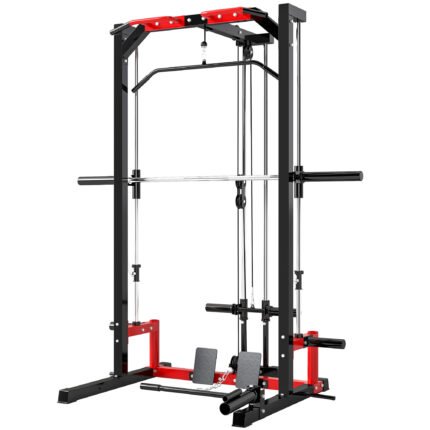 Smith Machine Power Rack with Pull Up Bar, Lat Pull Down System, Landmine, Squat Rack, Barbell Bar, for Home Gym