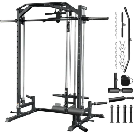 Smith Machine Home Gym Power Cage 1:1 Ratio Strength Trainer (Space Saving Design) (with 8 Free Attachments) Squat Rack for Ful